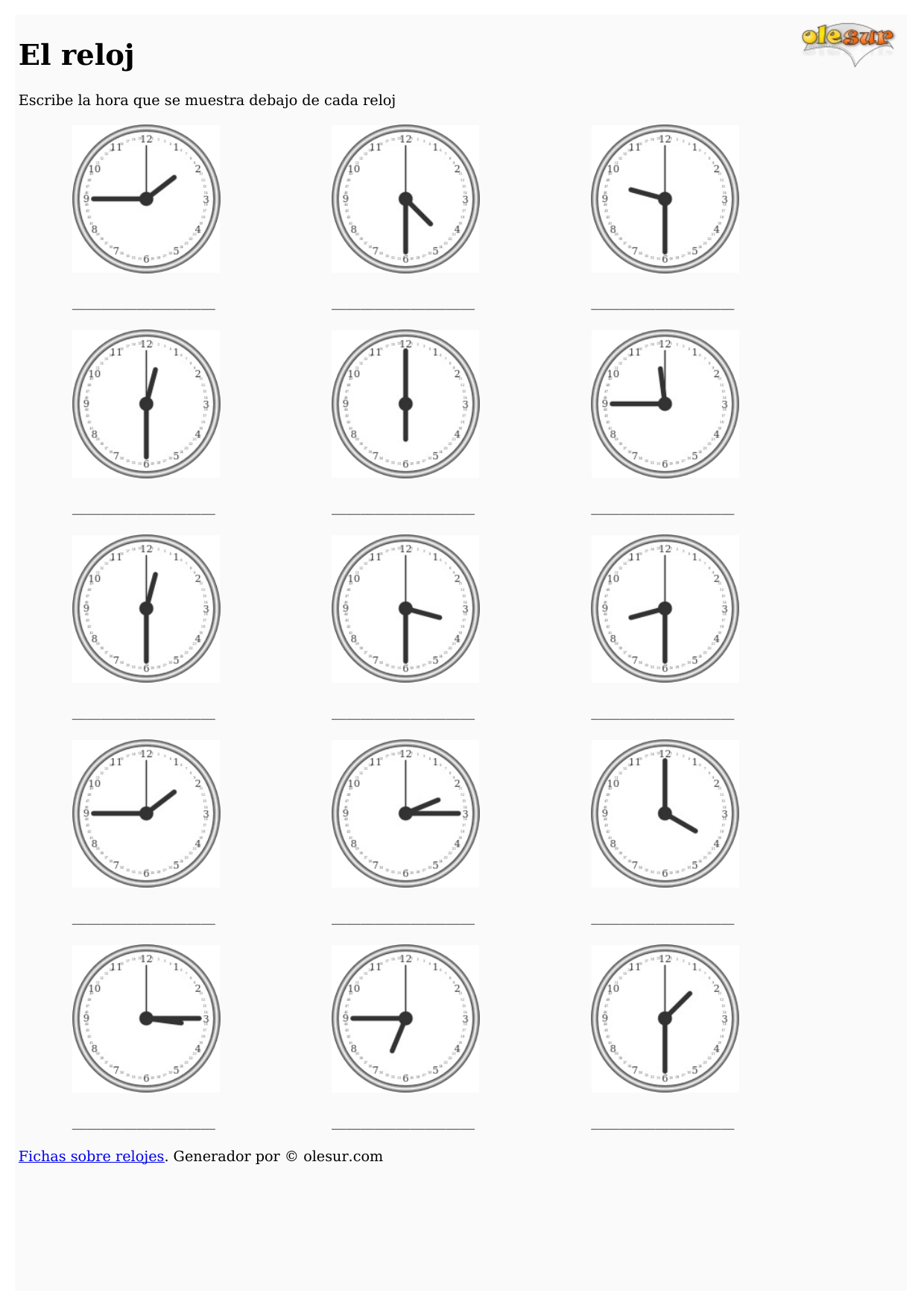 Descargar: Completa Relojes – diferencias cada cuarto de hora – #12. – olesur
