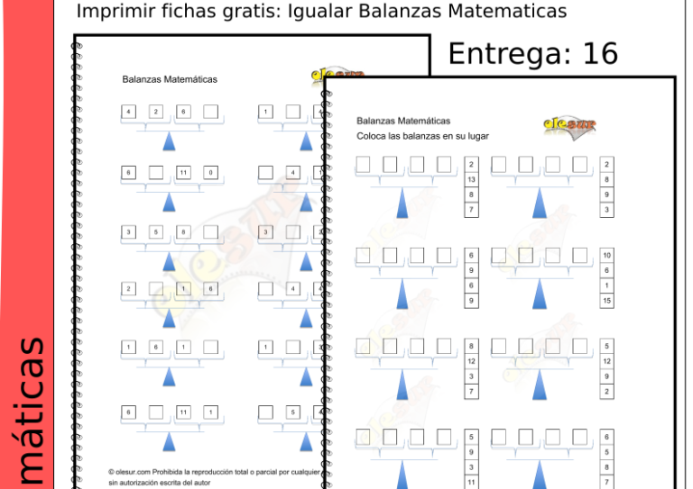 Imprimir fichas gratis: Igualar Balanzas Matematicas 16.