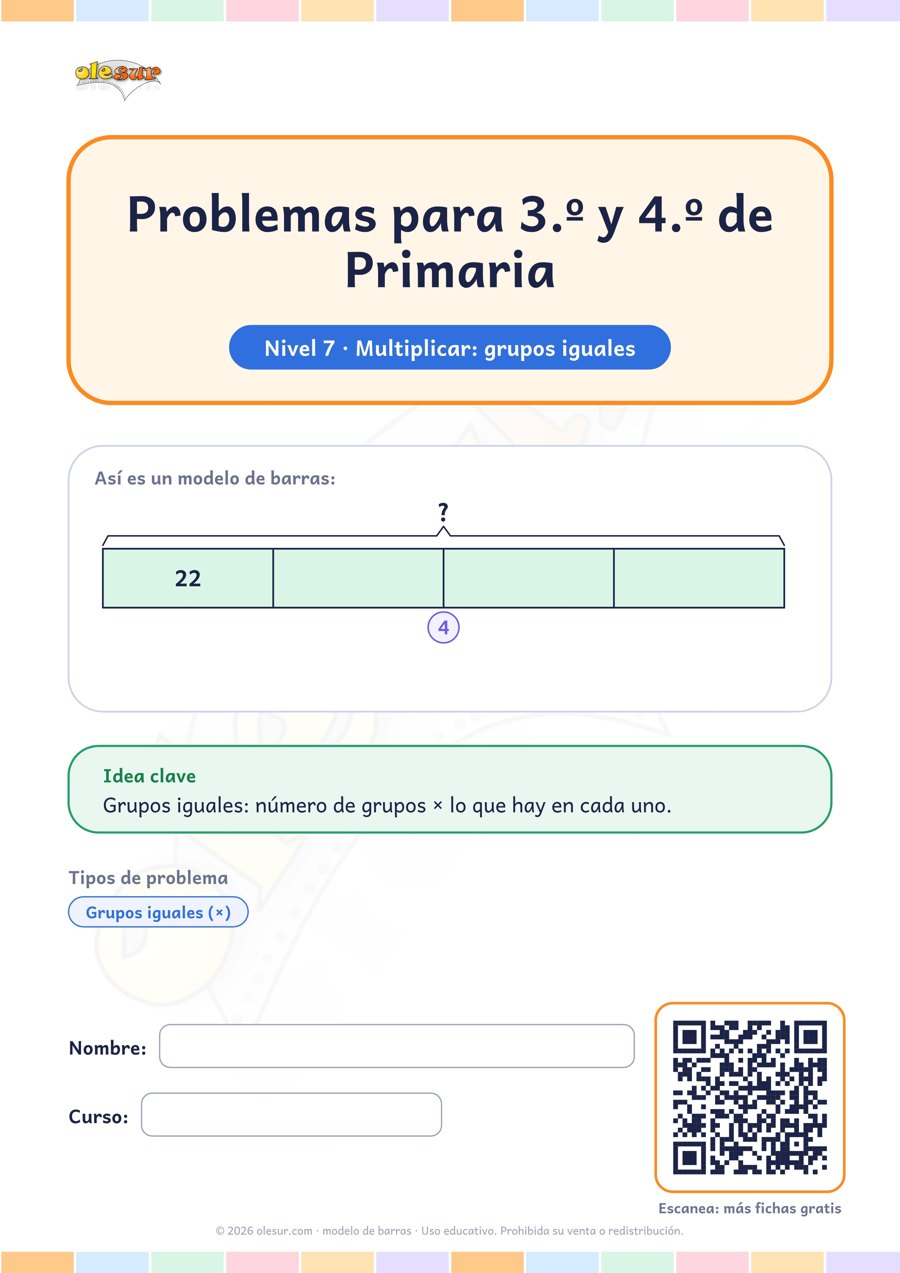 Problemas con modelo de barras para 3.º y 4.º de Primaria: Multiplicar: grupos iguales