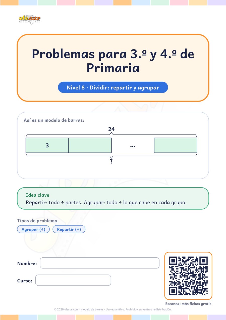 Problemas con modelo de barras para 3.º y 4.º de Primaria: Dividir: repartir y agrupar