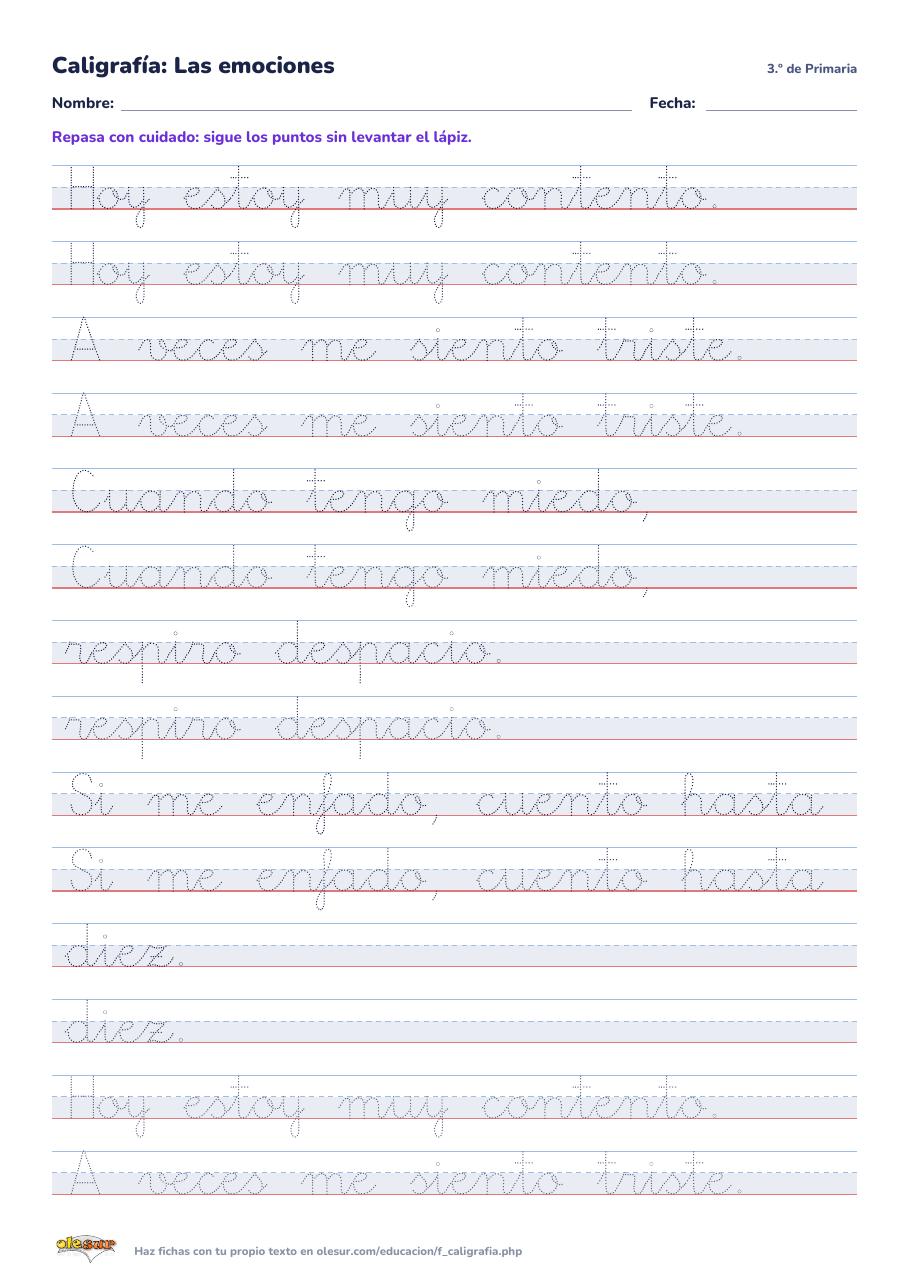 Caligrafía «Las emociones» para 3.º de Primaria: fichas para repasar y dibujo punteado