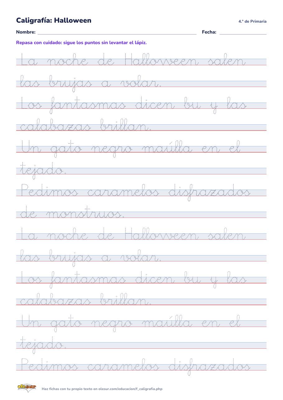 Caligrafía «Halloween» para 4.º de Primaria: fichas para repasar y dibujo punteado