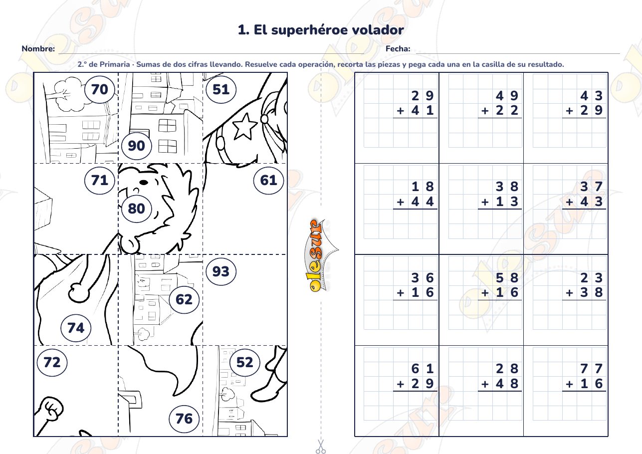 Puzle matemático de Superhéroes para 2.º de Primaria